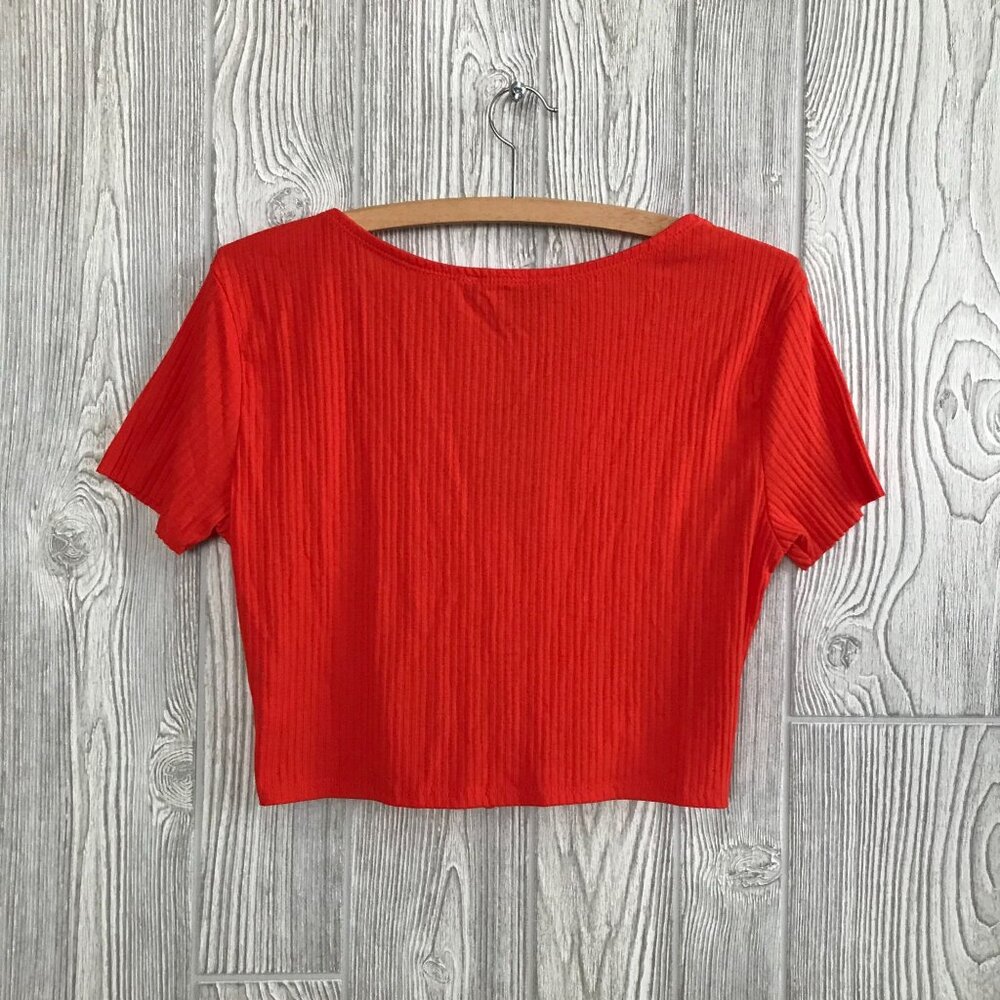 NWT Bright Red Ribbed Stretchy Crop Top Tie Front Casual - Small‎ - Picture 4 of 6